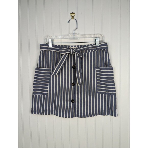 Altar'd State Women Button Up Front Tie Skirt Blue White Striped  Pockets Size L - Picture 1 of 9